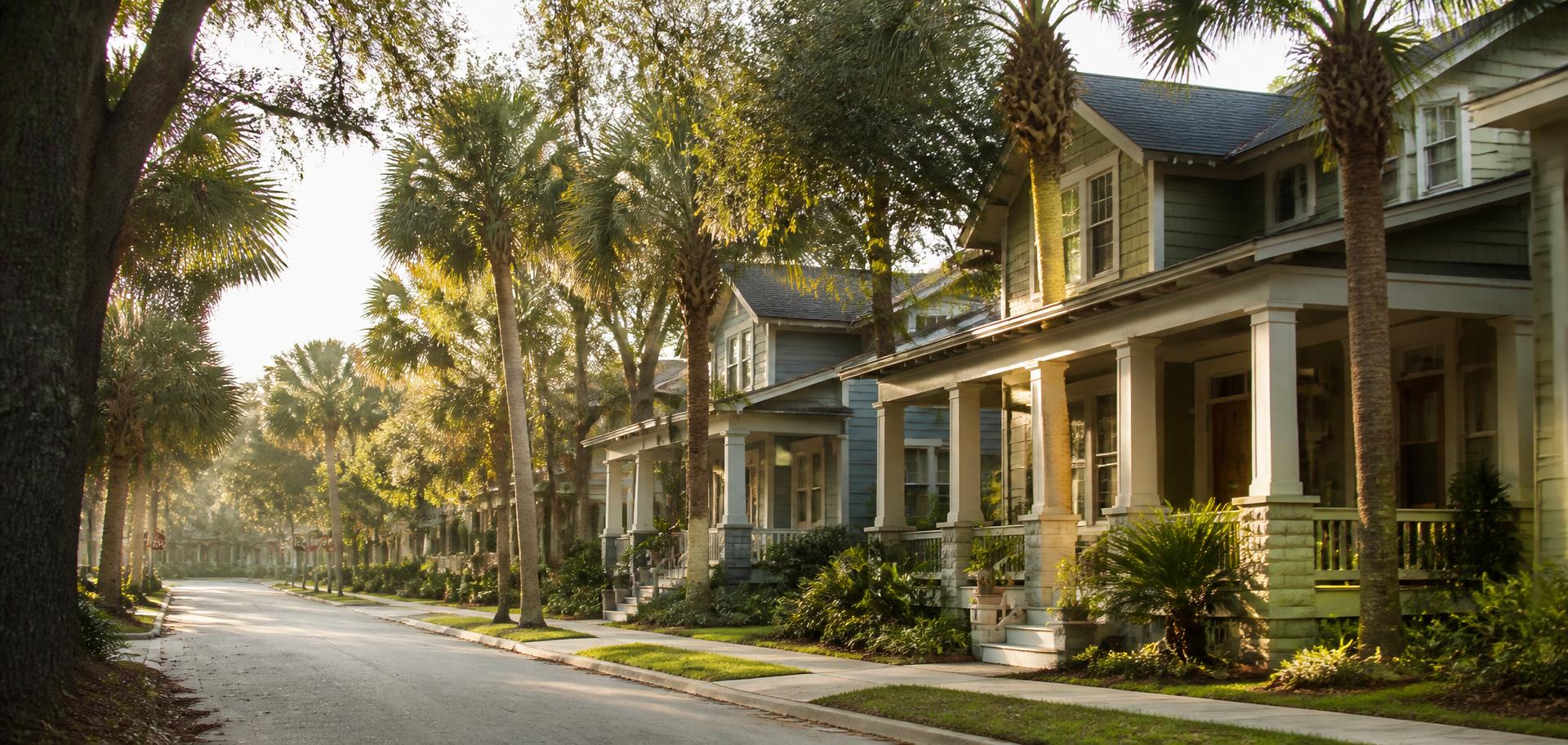 A quiet Florida residential street at golden hour